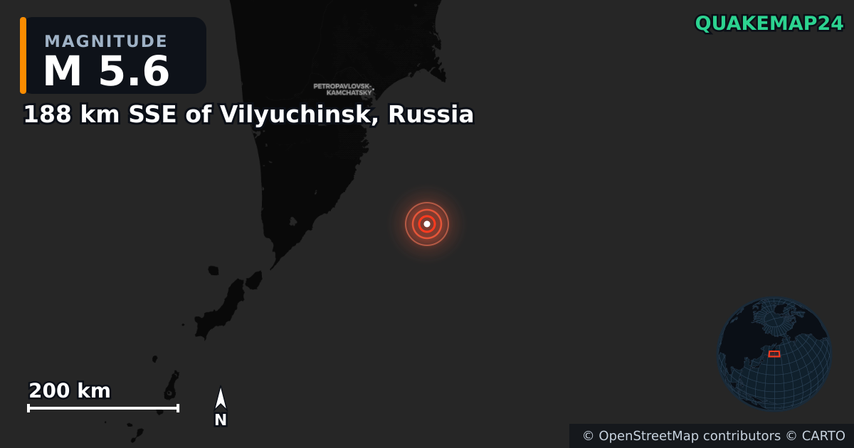 M5.6 earthquake near 188 km SSE of Vilyuchinsk, Russia on Sep 22, 2025 — map of epicenter and shaking intensity | QuakeMap24