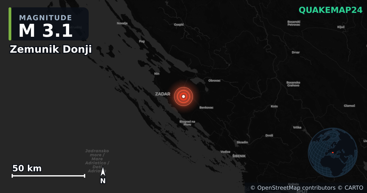 M3.1 earthquake near Zemunik Donji on Jun 10, 2025 — map of epicenter and shaking intensity | QuakeMap24