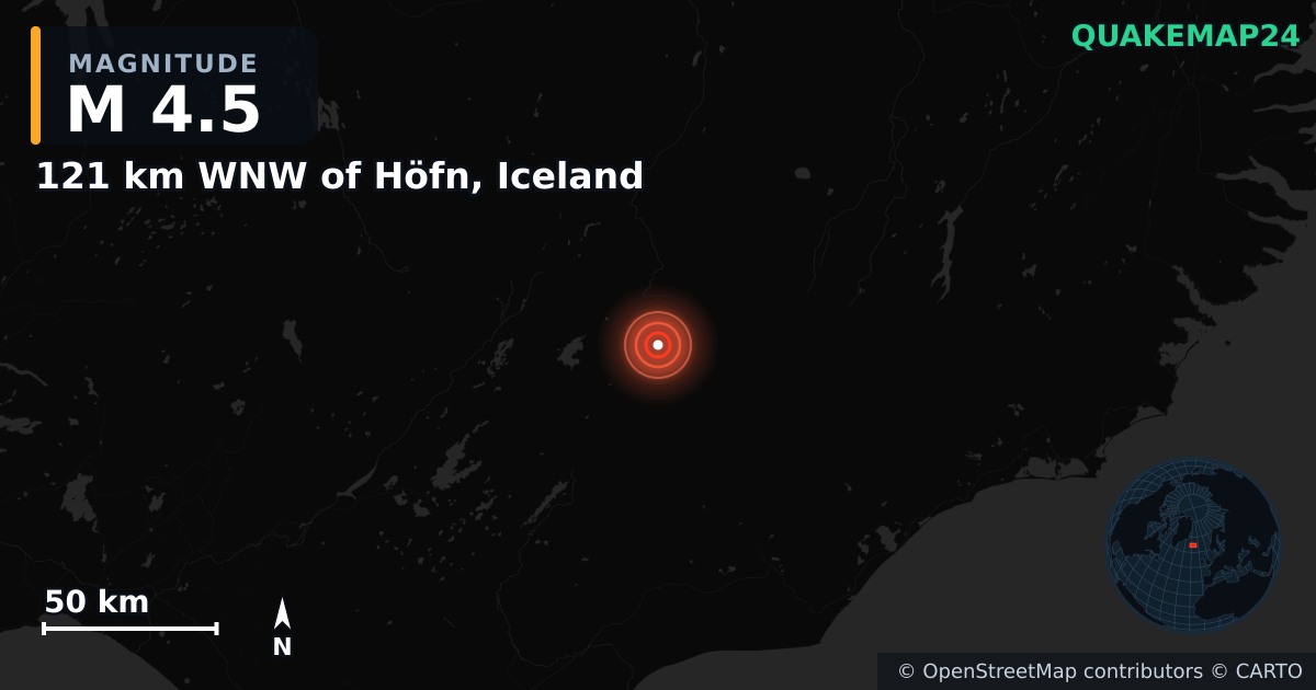 M4.5 earthquake near 121 km WNW of Höfn, Iceland on Apr 15, 2025 — map of epicenter and shaking intensity | QuakeMap24