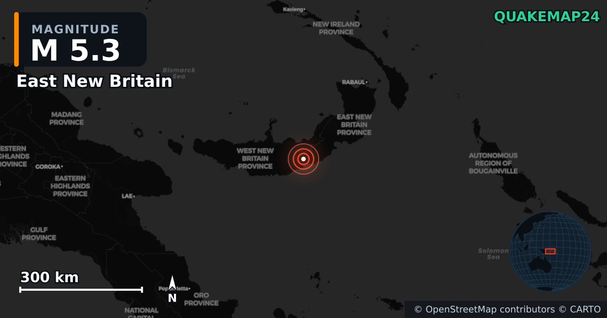 M5.3 earthquake near East New Britain on Jun 23, 2025 — map of epicenter and shaking intensity | QuakeMap24