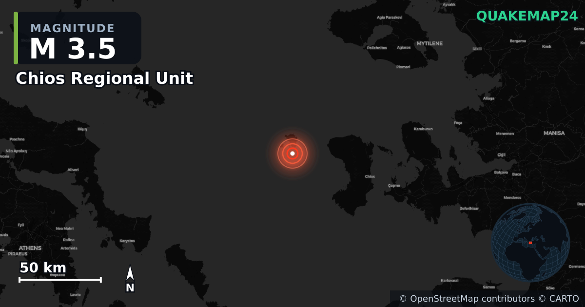 Erdbeben M3,5 bei Chios Regional Unit, Northern Aegean (Griechenland) · 2026-09-18 — Karte der Lage des Epizentrums