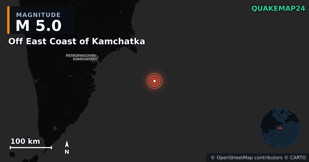 M5.0 Earthquake near Off East Coast of Kamchatka · 2025-07-22 — Map showing the location of the epicenter