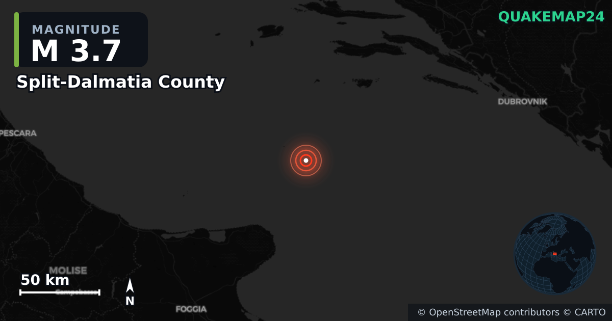Terremoto de M3,7 cerca de Split-Dalmatia County (Croacia) · 2026-09-04 — Mapa de la ubicación del epicentro