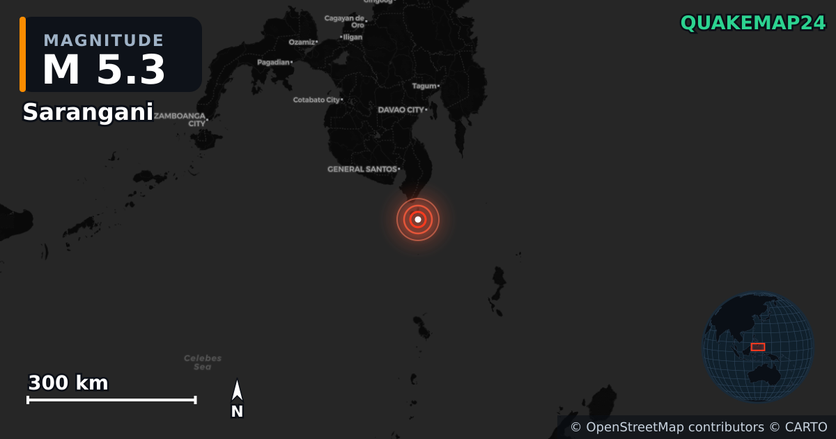 M5.3 earthquake near Sarangani on Aug 13, 2026 — map of epicenter and shaking intensity | QuakeMap24