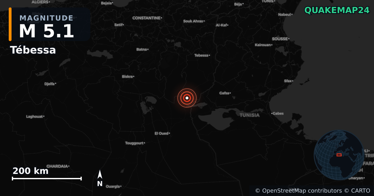 M5.1 earthquake near Tébessa on Aug 17, 2025 — map of epicenter and shaking intensity | QuakeMap24