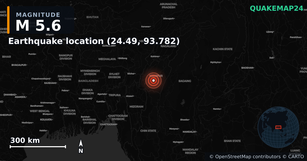 M5.6 earthquake near Deprem konumu (24.49, 93.782) on May 27, 2025 — map of epicenter and shaking intensity | QuakeMap24