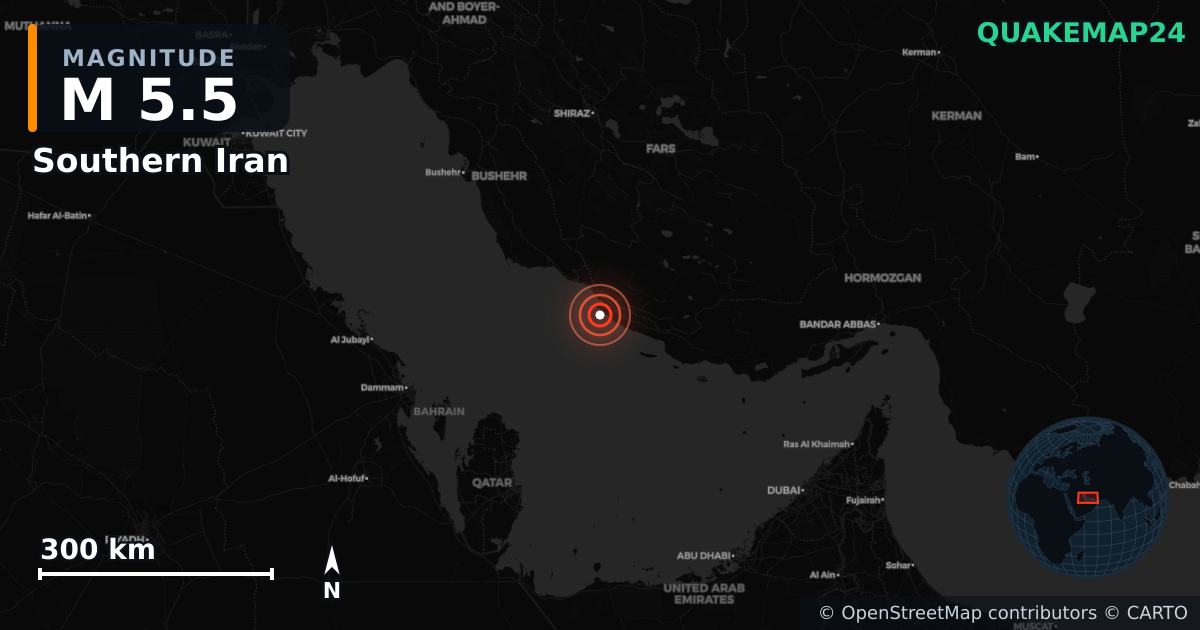 M5.5 earthquake near Southern Iran on Feb 1, 2026 — map of epicenter and shaking intensity | QuakeMap24