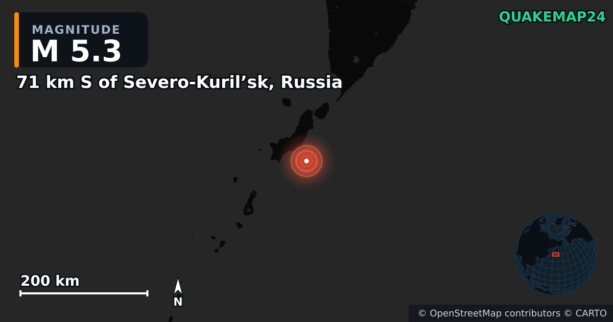 M5.3 earthquake near 71 km S of Severo-Kuril’sk, Russia on Jul 5, 2026 — map of epicenter and shaking intensity | QuakeMap24