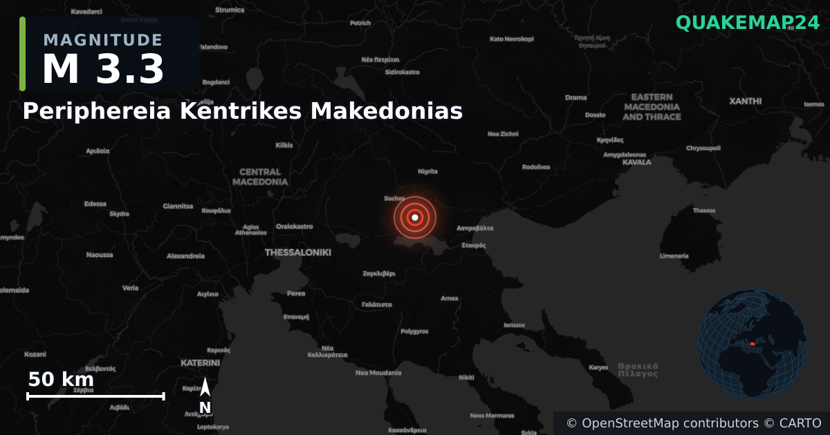 M3.3 earthquake near Periphereia Kentrikes Makedonias on Jan 2, 2026 — map of epicenter and shaking intensity | QuakeMap24