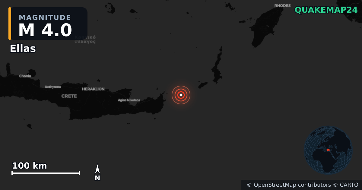 M4.0 earthquake near Ellas on Nov 12, 2025 — map of epicenter and shaking intensity | QuakeMap24