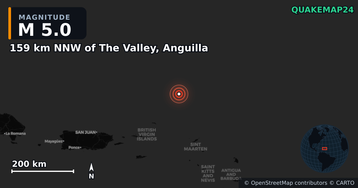 Σεισμός M5,0 κοντά στο 159 km NNW of The Valley, Anguilla — Χάρτης της θέσης του επικέντρου