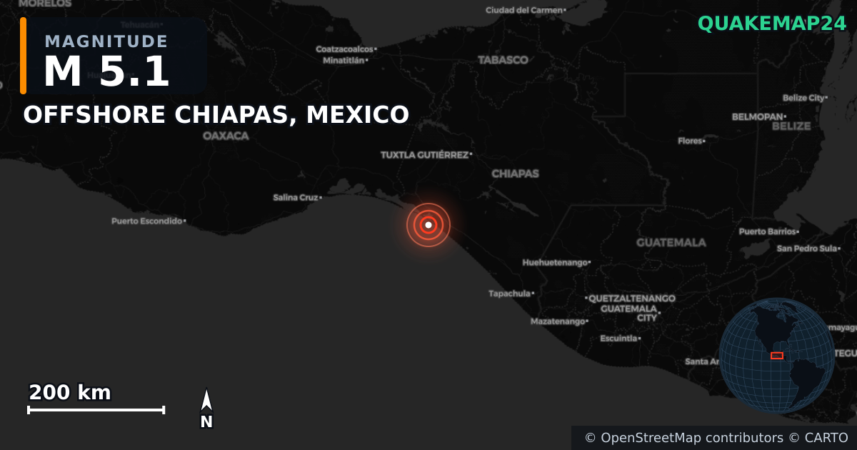 M5.1 earthquake near OFFSHORE CHIAPAS, MEXICO on Jul 10, 2025 — map of epicenter and shaking intensity | QuakeMap24