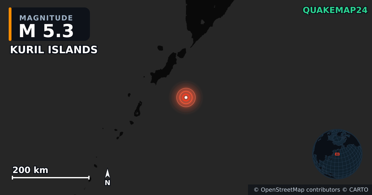M5.3 earthquake near KURIL ISLANDS on Jul 31, 2025 — map of epicenter and shaking intensity | QuakeMap24