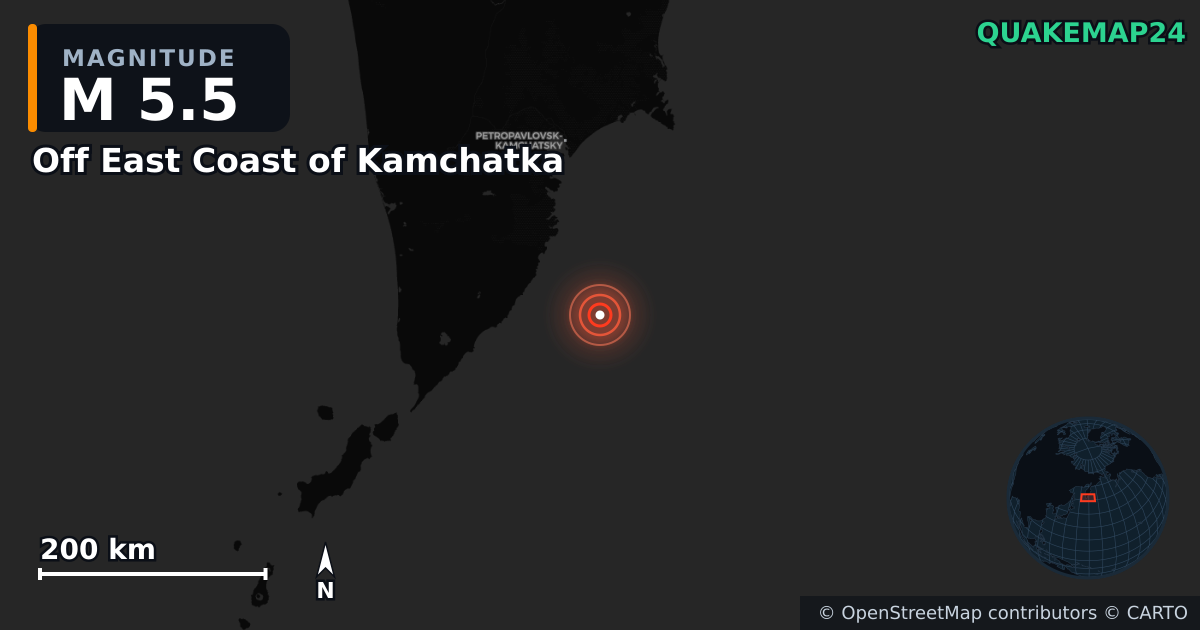 M5.5 earthquake near Off East Coast of Kamchatka on Jul 30, 2025 — map of epicenter and shaking intensity | QuakeMap24