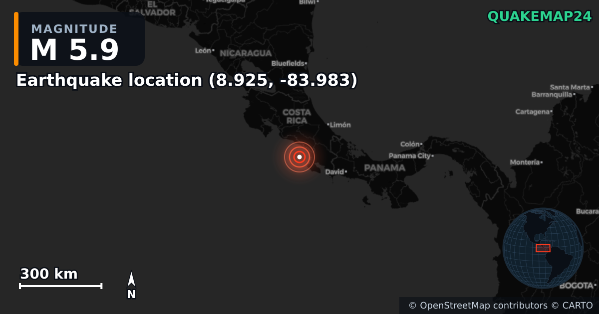 M5.9 earthquake near Deprem konumu (8.925, -83.983) on Nov 18, 2025 — map of epicenter and shaking intensity | QuakeMap24