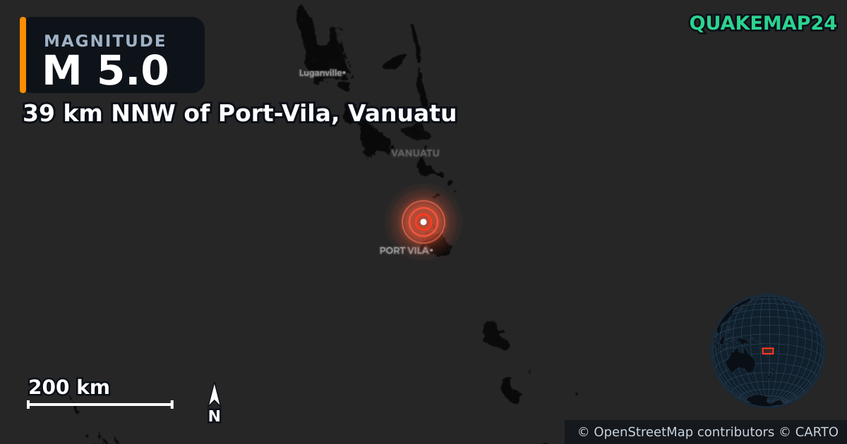 M5.0 earthquake near 39 km NNW of Port-Vila, Vanuatu on Jan 15, 2025 — map of epicenter and shaking intensity | QuakeMap24