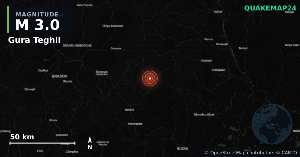 M3.0 earthquake near Gura Teghii on Jul 25, 2026 — map of epicenter and shaking intensity | QuakeMap24
