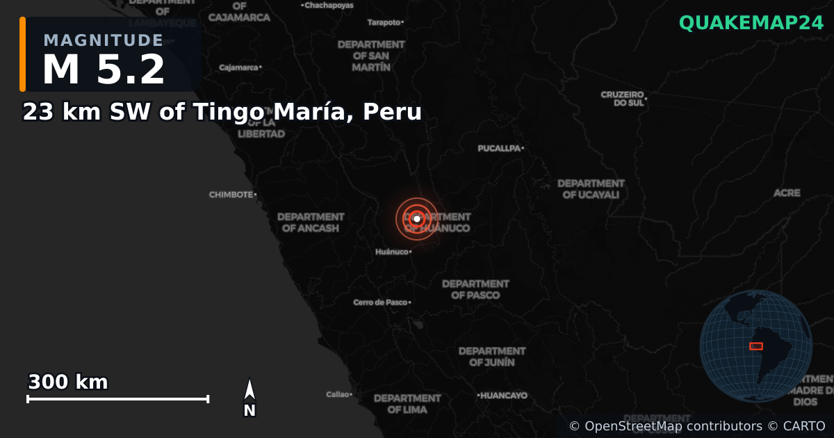 M5.2 earthquake near 23 km SW of Tingo María, Peru on Apr 19, 2025 — map of epicenter and shaking intensity | QuakeMap24