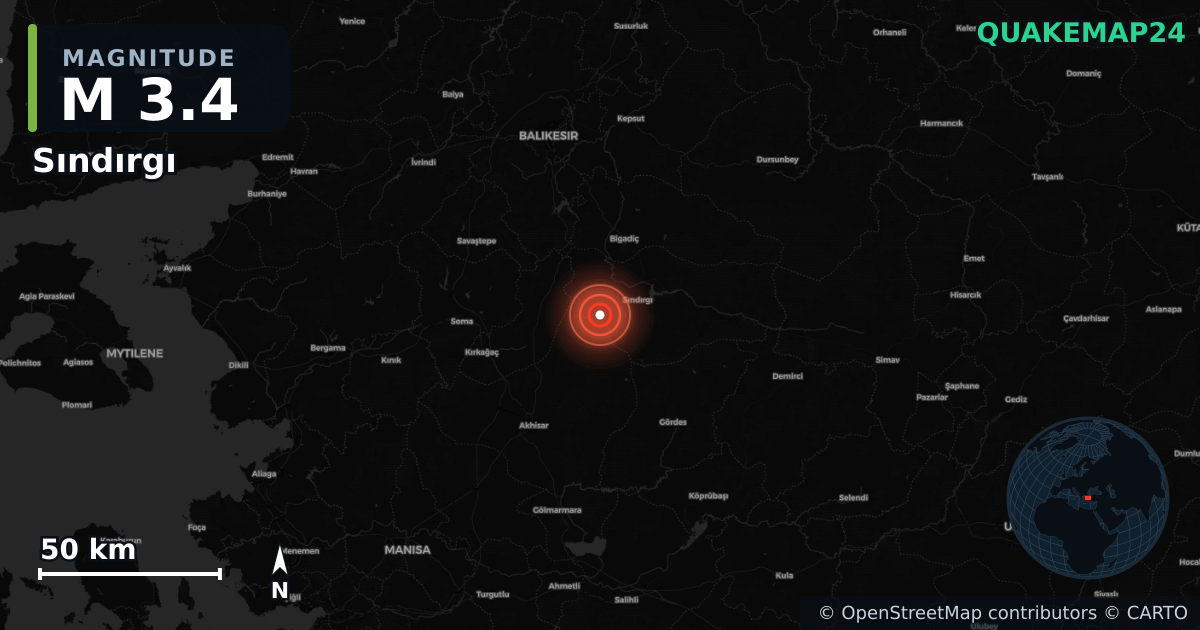 M3.4 earthquake near Sındırgı on Aug 10, 2025 — map of epicenter and shaking intensity | QuakeMap24