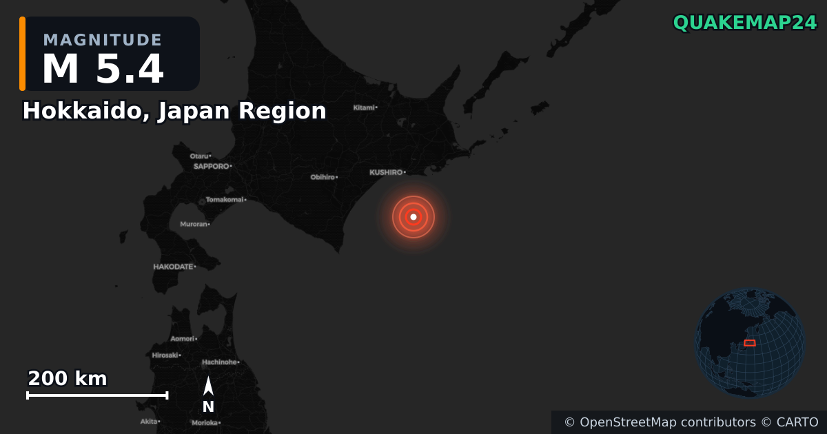 M5.4 earthquake near Hokkaido, Japan Region on Aug 12, 2025 — map of epicenter and shaking intensity | QuakeMap24