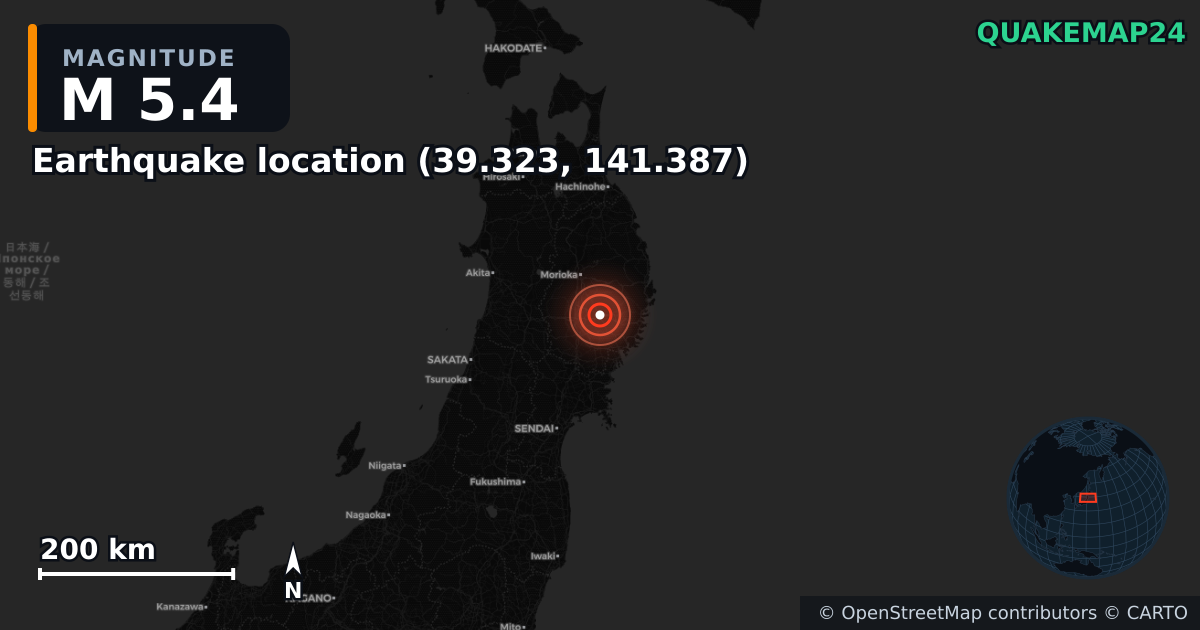 M5.4 earthquake near Deprem konumu (39.323, 141.387) on Nov 8, 2025 — map of epicenter and shaking intensity | QuakeMap24
