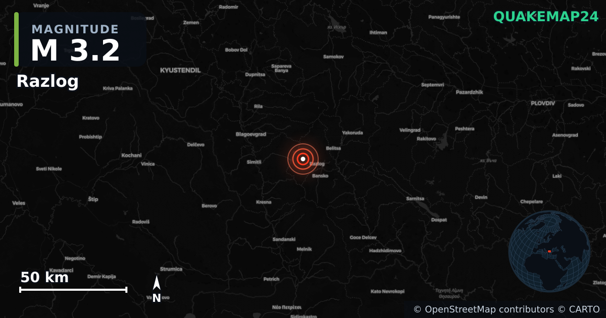 M3.2 earthquake near Razlog on Mar 17, 2026 — map of epicenter and shaking intensity | QuakeMap24