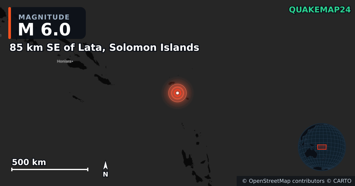 M6.0 earthquake near 85 km SE of Lata, Solomon Islands on Feb 23, 2025 — map of epicenter and shaking intensity | QuakeMap24