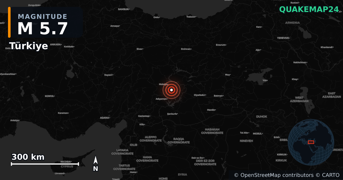 Türkiye yakınında M5,7 deprem · 2026-05-20 — Deprem merkez üssünün konumunu gösteren harita
