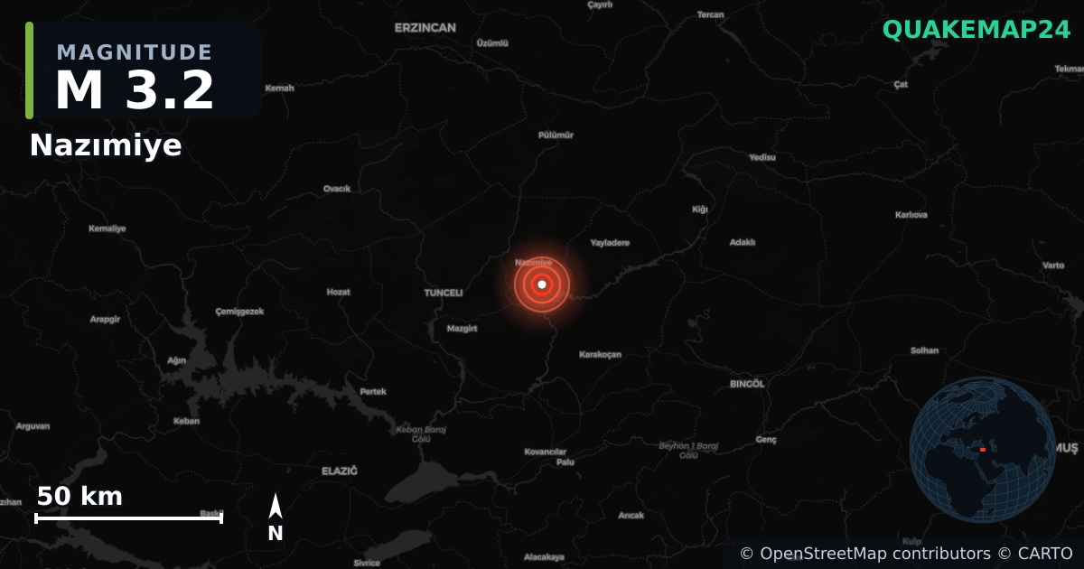 M3.2 earthquake near Nazımiye on May 21, 2025 — map of epicenter and shaking intensity | QuakeMap24
