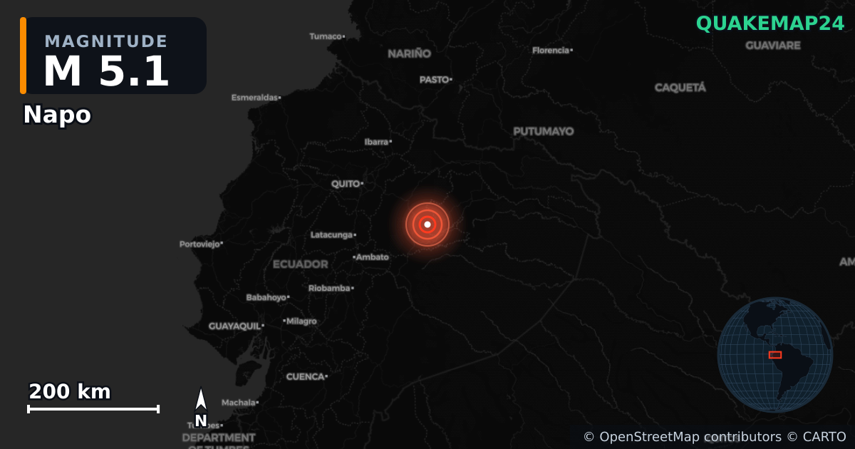 M5.1 earthquake near Napo on Dec 19, 2025 — map of epicenter and shaking intensity | QuakeMap24