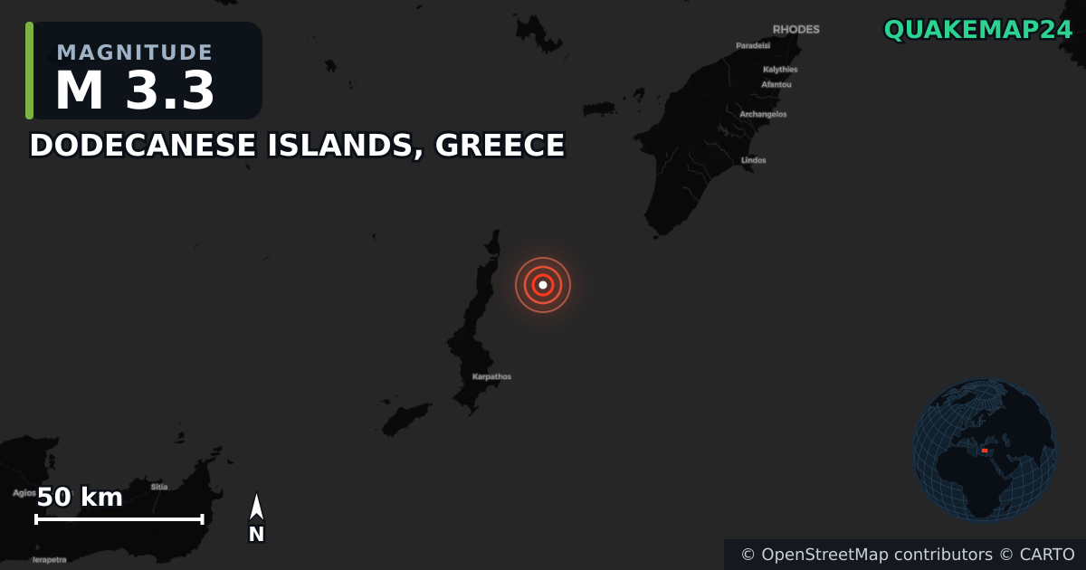 M3.3 earthquake near DODECANESE ISLANDS, GREECE on Jun 15, 2025 — map of epicenter and shaking intensity | QuakeMap24