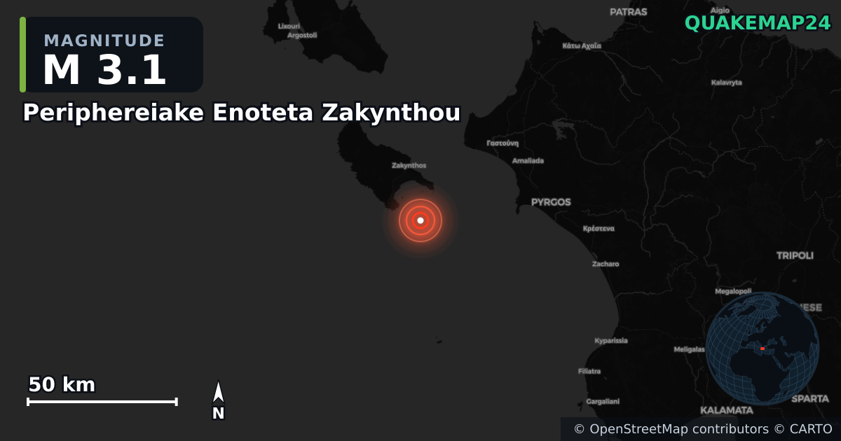 M3.1 earthquake near Periphereiake Enoteta Zakynthou on May 5, 2026 — map of epicenter and shaking intensity | QuakeMap24