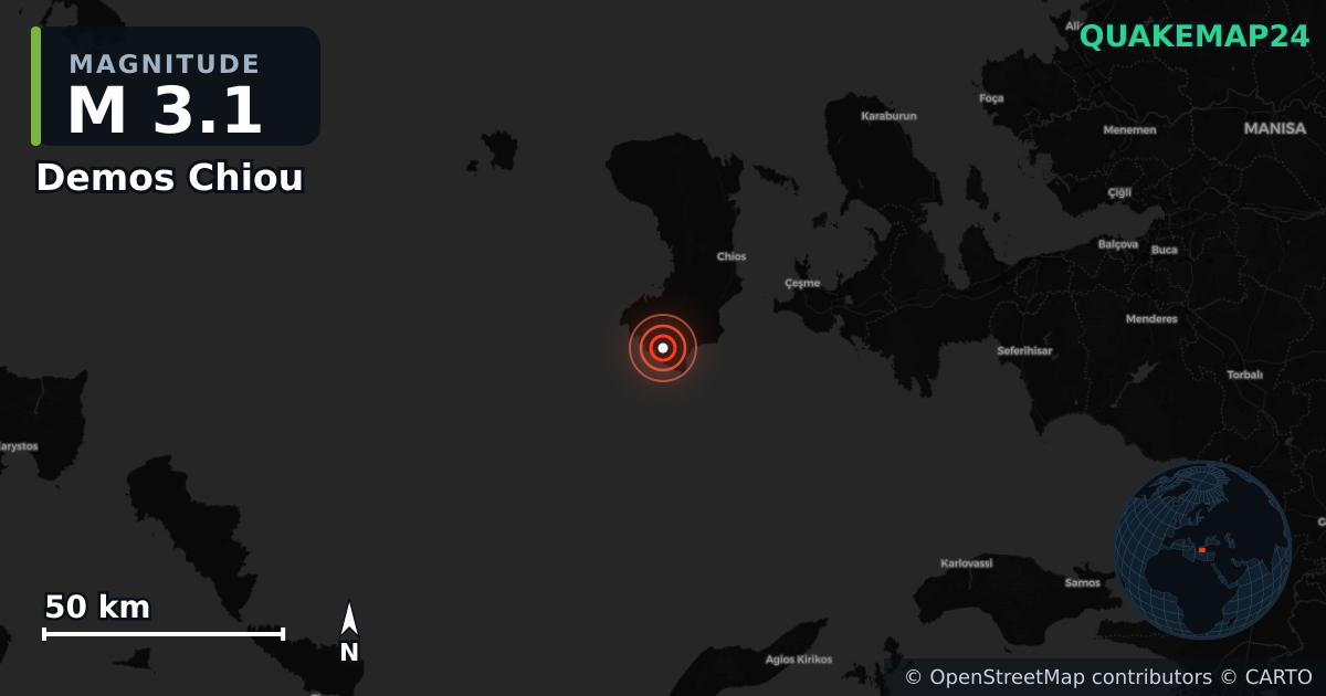 M3.1 earthquake near Demos Chiou on Jan 13, 2026 — map of epicenter and shaking intensity | QuakeMap24