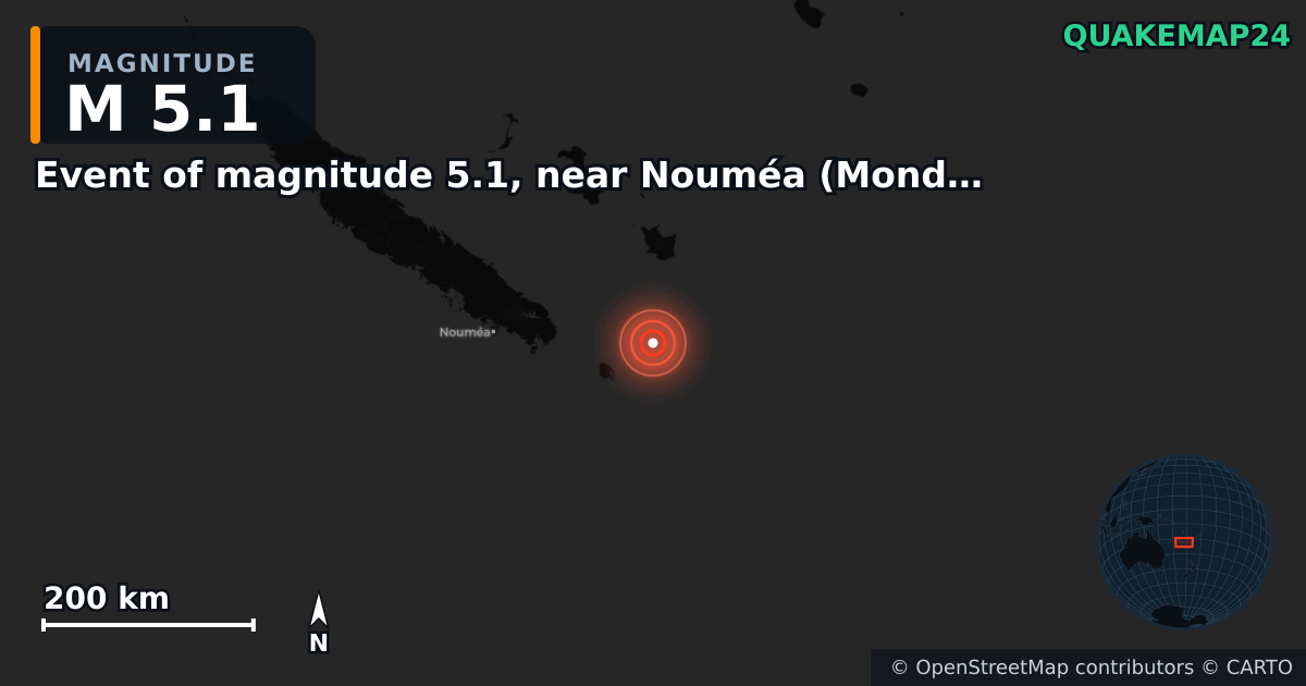 Event of magnitude 5.1, near Nouméa (Monde) yakınında M5,1 deprem · 2026-09-25 — Deprem merkez üssünün konumunu gösteren harita