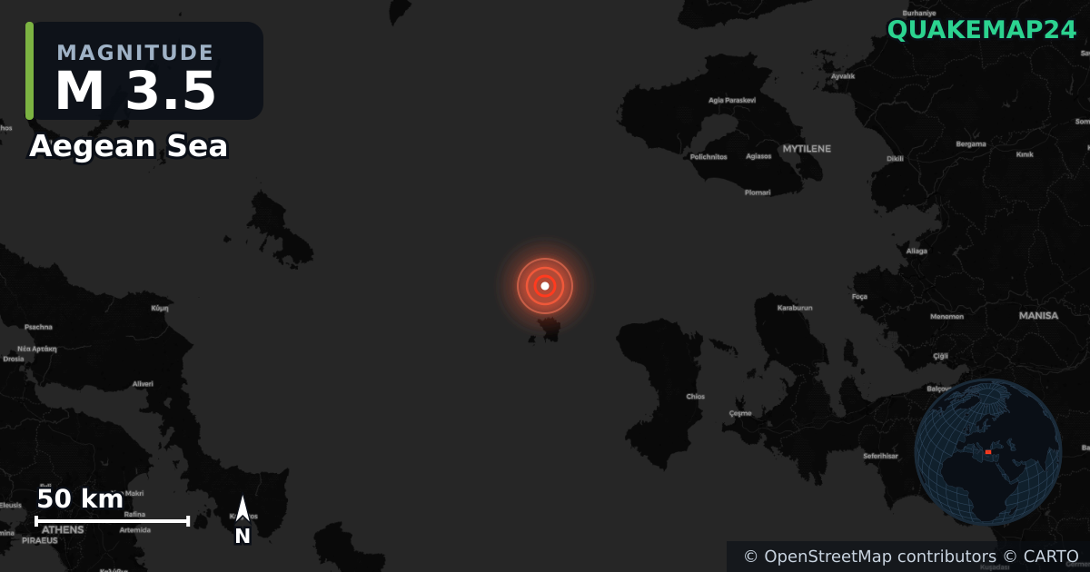M3.5 earthquake near Aegean Sea on Aug 26, 2025 — map of epicenter and shaking intensity | QuakeMap24