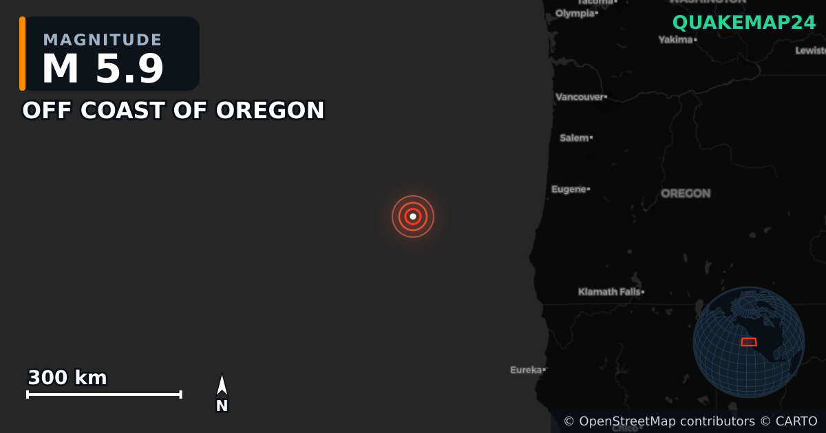 M5.9 earthquake near OFF COAST OF OREGON on Sep 26, 2025 — map of epicenter and shaking intensity | QuakeMap24