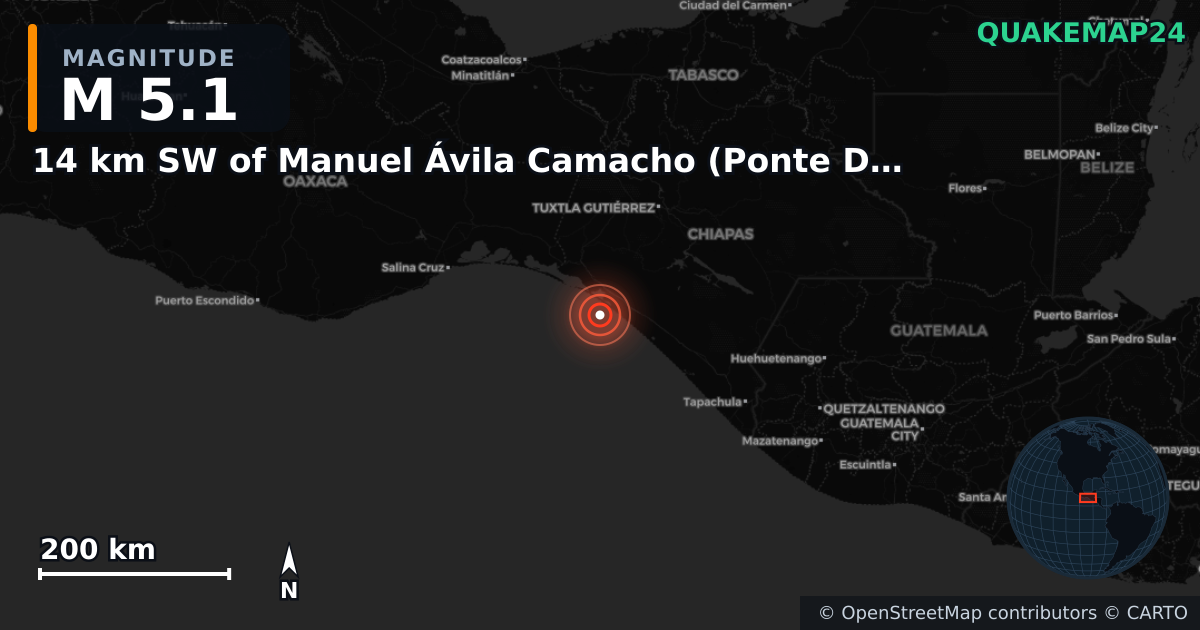 M5.1 earthquake near 14 km SW of Manuel Ávila Camacho (Ponte Duro), Mexico on Jul 10, 2025 — map of epicenter and shaking intensity | QuakeMap24