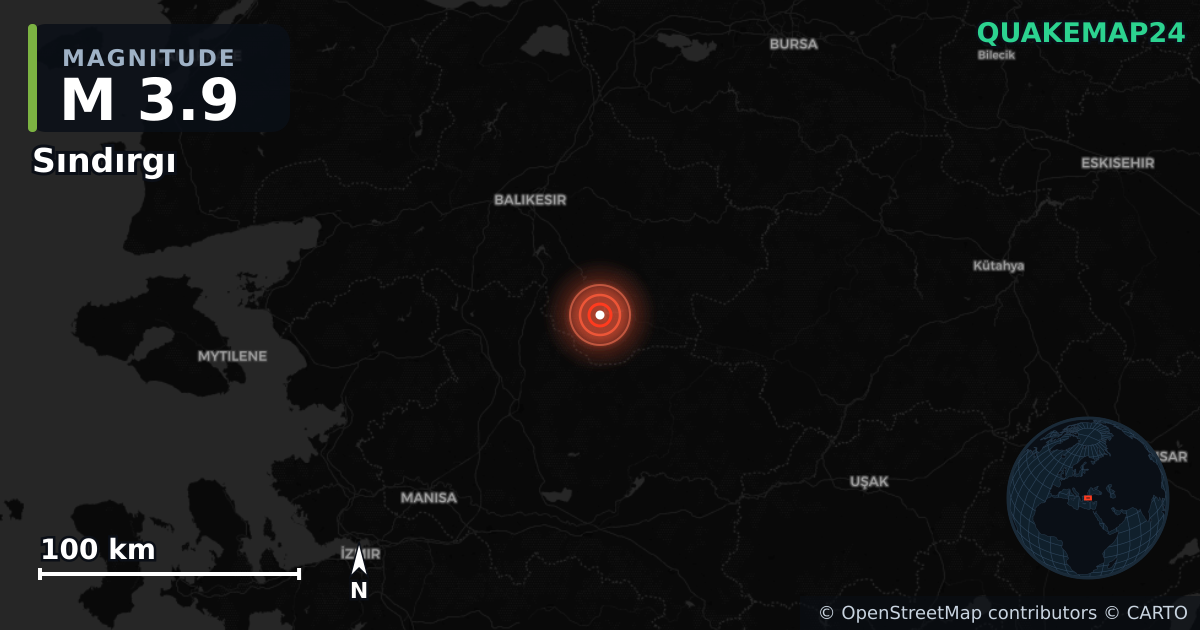 M3.9 earthquake near Sındırgı on Aug 19, 2025 — map of epicenter and shaking intensity | QuakeMap24