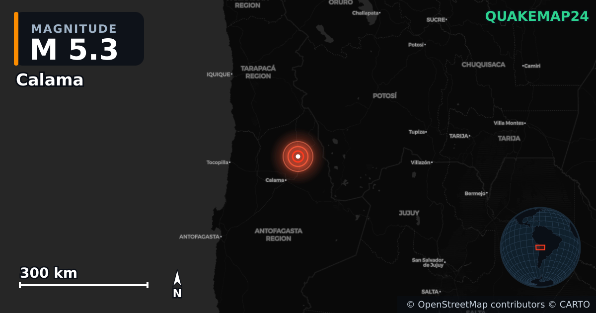 M5.3 earthquake near Calama on May 27, 2026 — map of epicenter and shaking intensity | QuakeMap24