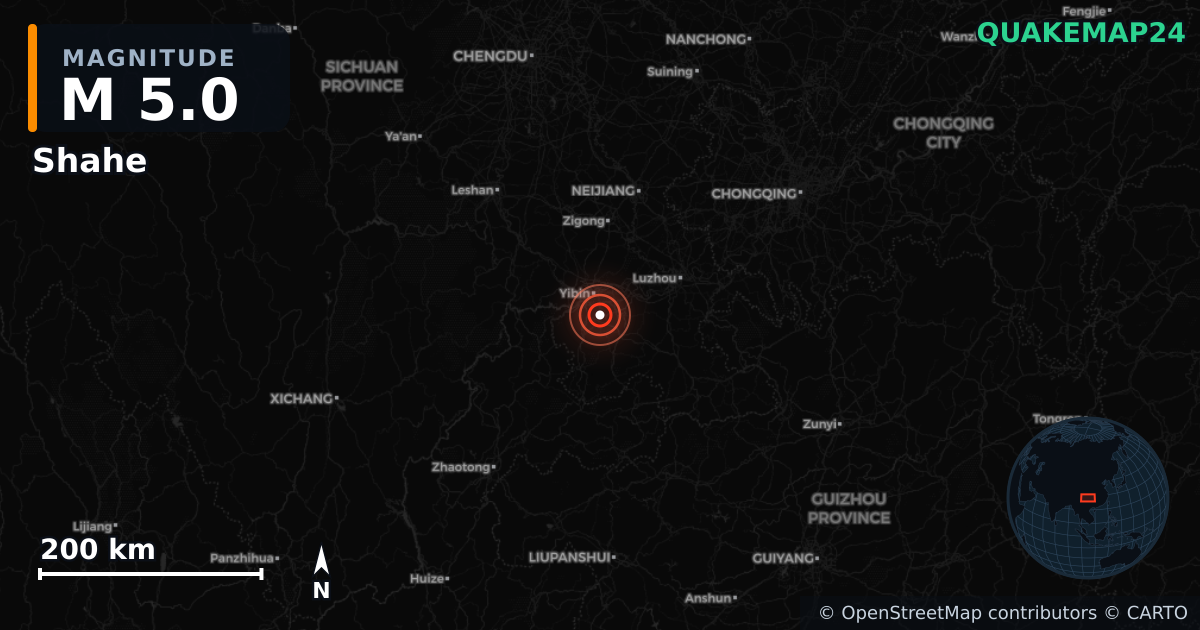 Shahe, Sichuan (Çin) yakınında M5,0 deprem · 2026-09-25 — Deprem merkez üssünün konumunu gösteren harita