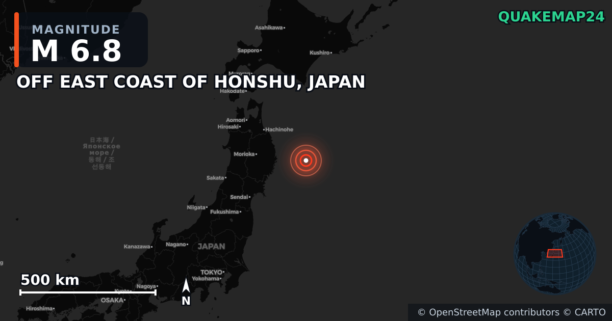 M6.8 earthquake near OFF EAST COAST OF HONSHU, JAPAN on Nov 9, 2025 — map of epicenter and shaking intensity | QuakeMap24