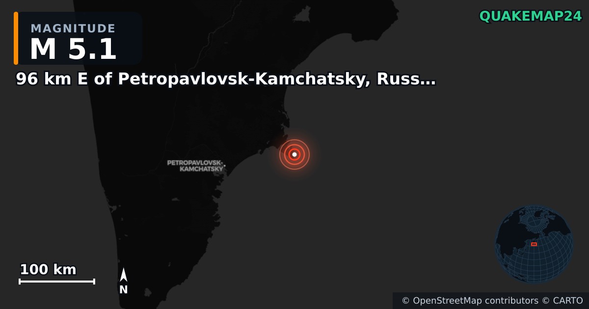 M5.1 earthquake near 96 km E of Petropavlovsk-Kamchatsky, Russia on Jan 26, 2025 — map of epicenter and shaking intensity | QuakeMap24