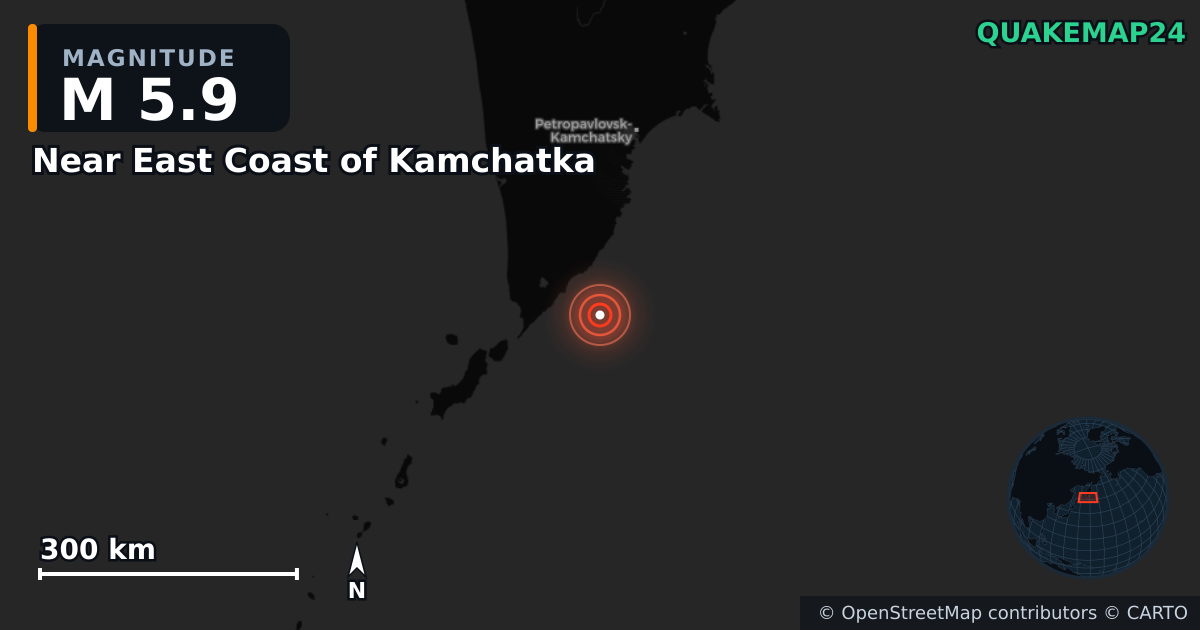 M5.9 earthquake near Near East Coast of Kamchatka on Jul 30, 2025 — map of epicenter and shaking intensity | QuakeMap24