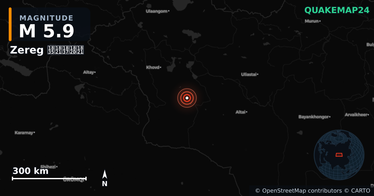 M5.9 earthquake near Zereg ᠵᠡᠷᠭᠡ on Apr 26, 2026 — map of epicenter and shaking intensity | QuakeMap24