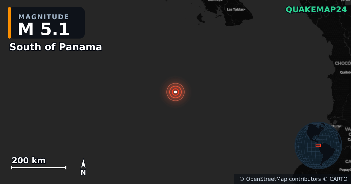 Σεισμός M5,1 κοντά στο South of Panama — Χάρτης της θέσης του επικέντρου