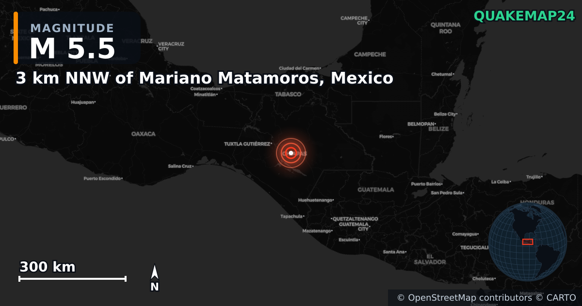 M5.5 earthquake near 3 km NNW of Mariano Matamoros, Mexico on May 5, 2025 — map of epicenter and shaking intensity | QuakeMap24