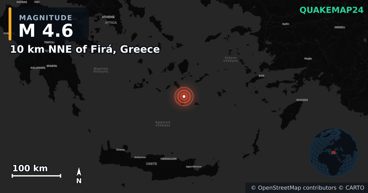 M4.6 earthquake near 10 km NNE of Firá, Greece on Feb 9, 2025 — map of epicenter and shaking intensity | QuakeMap24