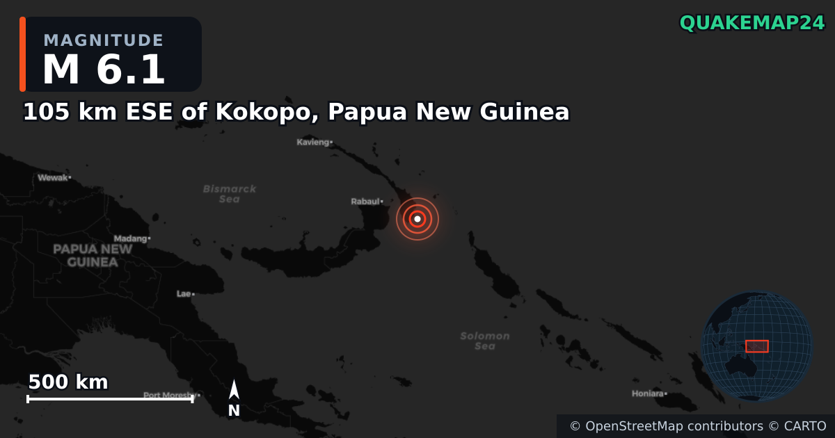 M6.1 earthquake near 105 km ESE of Kokopo, Papua New Guinea on Apr 12, 2025 — map of epicenter and shaking intensity | QuakeMap24