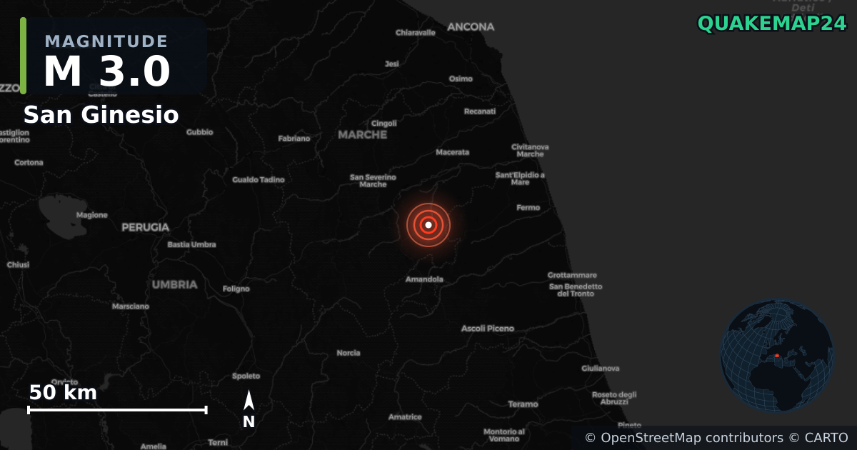 M3.0 earthquake near San Ginesio on Apr 18, 2026 — map of epicenter and shaking intensity | QuakeMap24