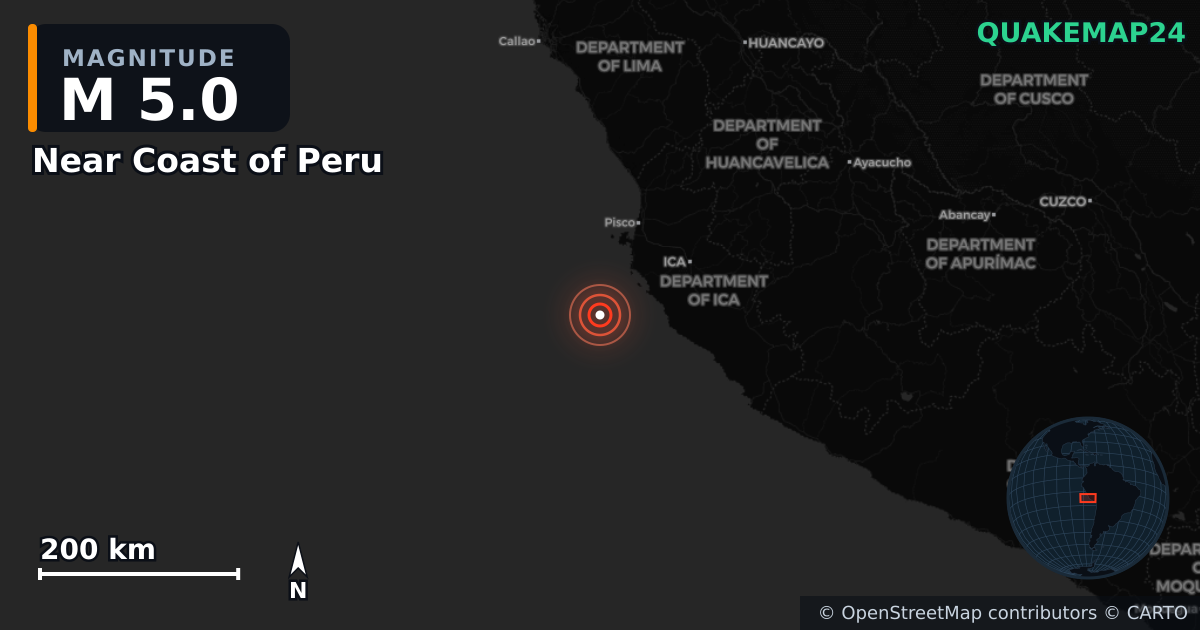 M5.0 earthquake near Near Coast of Peru on Apr 16, 2026 — map of epicenter and shaking intensity | QuakeMap24